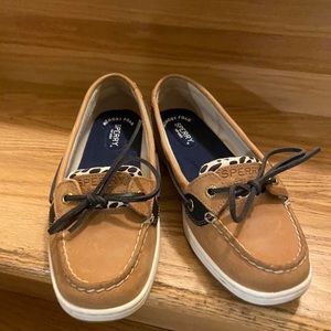 brown leather cheetah print accented sperry’s